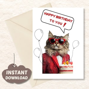Printable Birthday Card featuring Maine Coon Cat - Digital Download