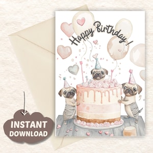 Cartão de aniversário infantil excêntrico de cachorro pug - Design divertido de animal - Download instantâneo para facilitar o planejamento da festa - Download digital de saudação faça você mesmo.