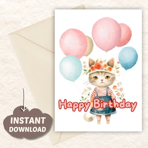 Printable Birthday Card with Adorable Cat Design - Instant Download Instant Download  DIY Greeting  Digital Download.