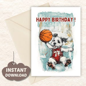 Adorable carte d'anniversaire sur le thème des chiens pour les enfants qui aiment le basket-ball. Téléchargement numérique. P
