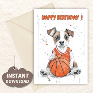 Carte d'anniversaire de basket-ball pour enfants - Carte de joyeux anniversaire sur le thème du sport amusant pour garçon ou fille. Téléchargement numérique. P