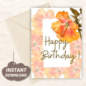 Cartão de Aniversário para Imprimir em Aquarela Hibisco - Design de Cartão de Saudação Floral Cartão de Feliz Aniversário. Download Digital. P