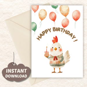 Cartão postal de aniversário de galinha pequena em aquarela para impressão - design fofo de animal de fazenda