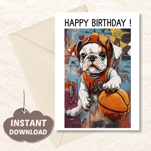 Carte d'anniversaire imprimable de basket-ball de bouledogue - carte DIY à téléchargement immédiat