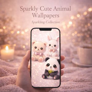 Könnte beinhalten: Ein Smartphone zeigt einen Hintergrund mit einem Teddybären, einem Hasen und einem Panda, alle mit rosa Schleifen. Das Telefon wird in einer Hand gehalten, mit dem Text "Sparkly Cute Animal Wallpapers" und "Sparkling Collection".