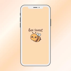 May include: A smartphone mockup with a light orange background and a cartoon bee illustration. The text "bee sweet" is displayed above the bee.