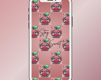 Kawaii Apple Wallpapers | Cute Cartoon Fruit Pattern Phone Background for iPhone & Android | Aesthetic Lock Screen | Instant Digital Download