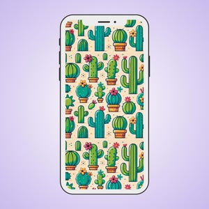Könnte beinhalten: Ein Smartphone mit einer Tapetenmuster aus Kakteen. Die Tapete zeigt grüne, gelbe, rote und blaue Kakteen auf einem cremefarbenen Hintergrund.