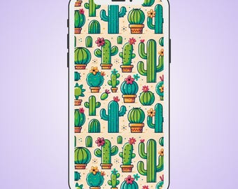 Kawaii Cactus Phone Wallpaper | Cute Cartoon Plant Background | Aesthetic Plant Pattern for iPhone & Android Lock Screen | Digital Download