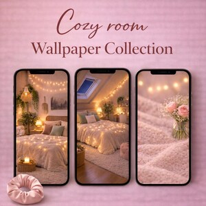 Könnte beinhalten: Werbebild für eine "Cozy room Wallpaper Collection" mit drei Smartphones, die Innendesigns von Schlafzimmern zeigen. Die Telefone zeigen Räume mit warmer Beleuchtung, Lichterketten und weichen Texturen. Ein rosa Scrunchie befindet sich im Vordergrund.