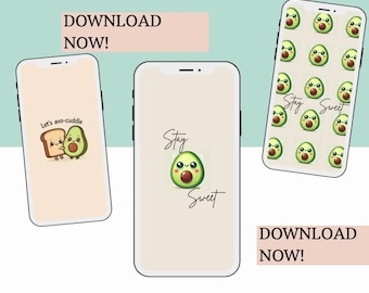 Avocado Wallpaper Bundle – 3 Kawaii Phone Backgrounds with Cute Cartoon Avocados | Aesthetic Phone Backgrounds | Pastel | Digital Download