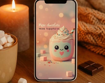 Kawaii Phone Wallpaper | Hot Chocolate – Hot Chocolate Wallpaper "More Chocolate More Happiness" | Aesthetic Cup | Digital Download