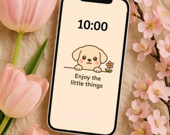 Kawaii phone background – Cute dog “Enjoy the little things” | Cute Cartoon Dog Wallpaper | Aesthetic Phone Background | Digital Download
