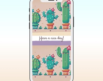 Kawaii Cactus Phone Wallpaper | Cute Cartoon Lock Screen for iPhone & Android | Pastel Motivational Quote Background | Digital Download