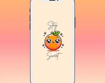 Kawaii Orange Phone Wallpaper | Cute Fruit Cartoon Lock Screen for iPhone & Android | Pastel Aesthetic Background | Instant Digital Download