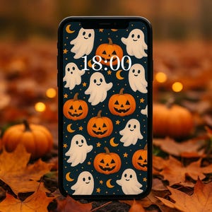 Könnte beinhalten: Ein schwarzes Smartphone zeigt ein Halloween-Thema-Hintergrundbild. Das Hintergrundbild zeigt ein Muster aus lächelnden Kürbissen, weißen Geistern, Monden und Sternen auf einem dunkelblauen Hintergrund. Die Uhrzeit "18:00" wird auf dem Bildschirm angezeigt.