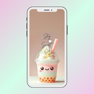 Könnte beinhalten: Ein weißes Smartphone mit einem rosa-blauen Farbverlauf als Hintergrund. Auf dem Bildschirm ist ein Cartoon-Bild eines rosa-weißen Bubble Teas mit einem lächelnden Gesicht und dem Text "Stay Sweet" zu sehen.