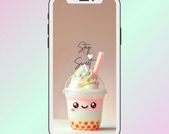 Bubble Tea Phone Wallpaper for iPhone & Android | Kawaii Boba Drink Cartoon Background | Cute Pastel Lock Screen | Instant Digital Download