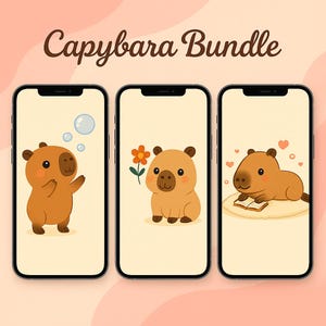 Könnte beinhalten: Drei Smartphones mit Illustrationen von Capybaras. Eines zeigt Blasen, ein anderes eine Blume und das dritte ein Buch und Herzen. Der Text "Capybara Bundle" befindet sich oben im Bild.