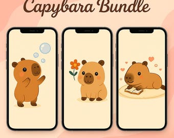 Kawaii Capybara Wallpaper Bundle | 3 Aesthetic Animal Backgrounds | Lock Screen for iPhone & Android | Minimal Art | Digital Download