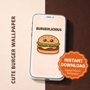 Kawaii Burger Phone Wallpaper | Cute Cartoon Fast Food Background | Aesthetic Lock Screen for iPhone & Android | Instant Digital Download