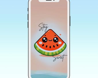 Watermelon Phone Wallpaper | Kawaii Cute Fruit Cartoon Lock Screen for iPhone & Android | Pastel Aesthetic Background | Instant Download