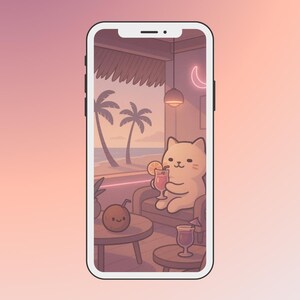 May include: A cartoon illustration on a smartphone screen depicts a cat relaxing at a beachside bar. The cat is seated, holding a cocktail, with palm trees and a neon moon in the background. The color palette is soft, with pink and orange hues.