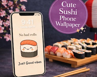 Kawaii Sushi Wallpapers | Cute Cartoon Food Phone Background for iPhone & Android | Pastel Aesthetic Lock Screen | Instant Digital Download