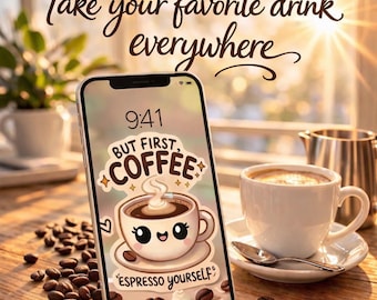 Coffee Cup Phone Wallpaper | But First Coffee Quote Lock Screen | Cute Kawaii Cartoon Aesthetic Art for iPhone & Android | Digital Download