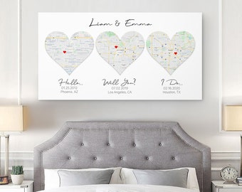 Personalized 3 Hearts Map Canvas Art: Hello Will You I Do