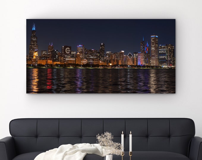 Chicago Skyline Art, World Champions Chicago Skyline Canvas Print, Photo At Night