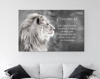 Lion Bible Verse Canvas,  2 Timothy 1:7 Wall Art, Christian Home Decor