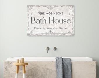 Personalized Bath House Sign – Custom Bathroom Wall Art with Name – Vintage Style Spa Sign – Digital Download or Printed Canvas