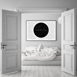 May include: Black and white print with a star map and text that reads "The night sky when we met" and "Kiss the Rocket". The text is in a cursive font. The print is framed and hanging on a white wall.