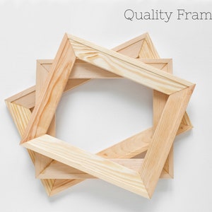 May include: Three wooden picture frames stacked on top of each other. The frames are made of natural wood and have a simple, rectangular design.  Quality Framing.