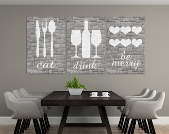 Gray Stone Eat Wall Art, Eat Drink And Be Merry, Eat Sign, Rustic Eat Sign, Eat Drink Art, Farmhouse Home Decor, Kitchen Wall Decor