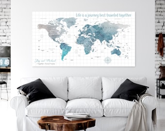Personalized Push Pin World Travel Map Canvas: Custom Colors