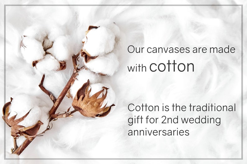 May include: Close-up of cotton bolls on a stem, with the text "Our canvases are made with cotton." The text continues, "Cotton is the traditional gift for 2nd wedding anniversaries."