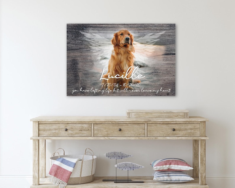 Personalized Dog Memorial Canvas: Photo Keepsake, Pet Loss Gift Dark Wood