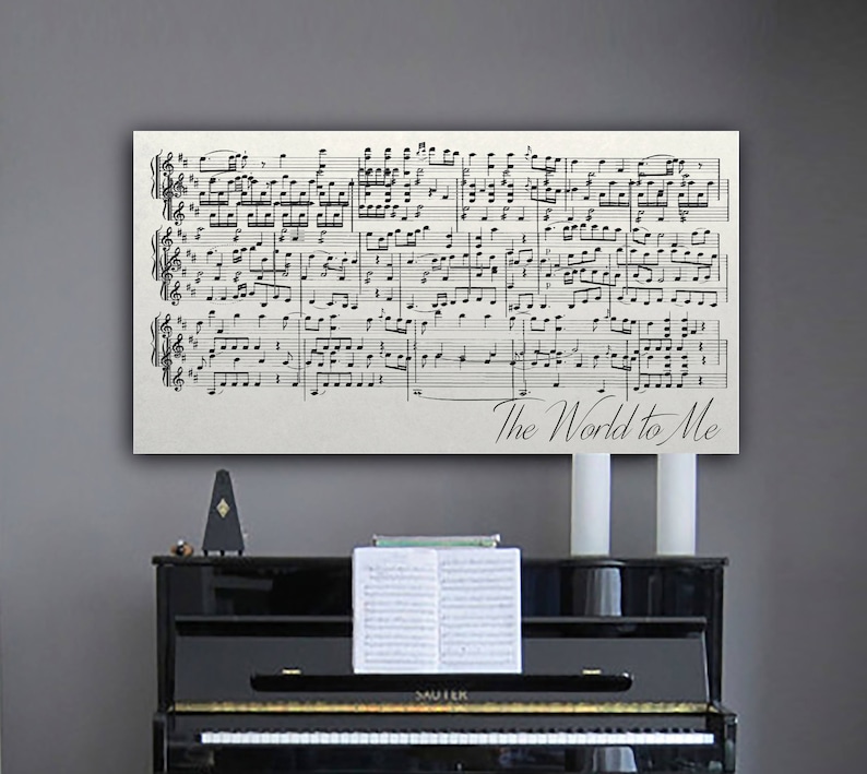 May include: A black and white sheet music print with the words "The World to Me" at the bottom. The music is for a piano and is displayed above a black piano.