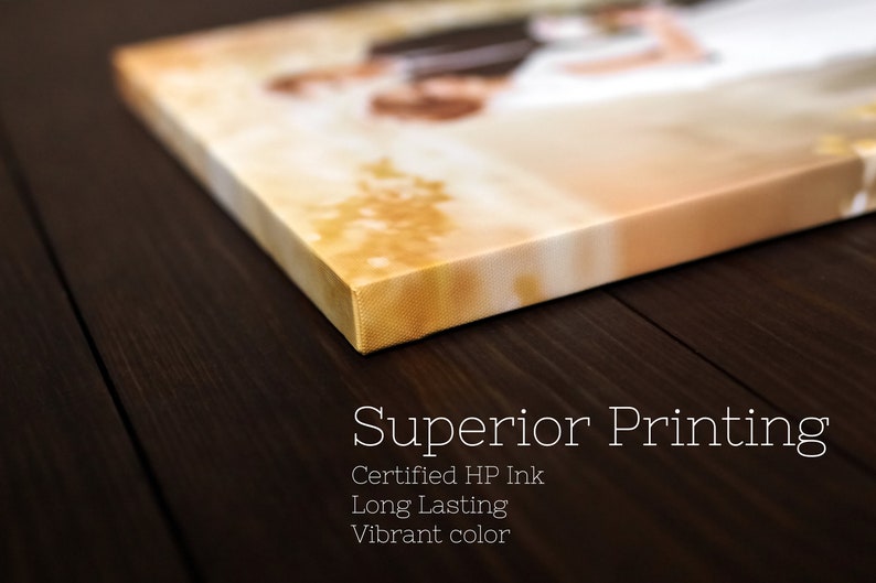 May include: Close-up of a canvas print with a wedding photo, showcasing a corner and side view. The text "Superior Printing" is displayed, along with details about the ink and color.