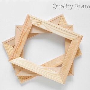 May include: Three unfinished wooden picture frames arranged in a starburst pattern against a white background. The frames are made of light-colored wood and have a simple, clean design. The text "Quality Framing" is at the top.
