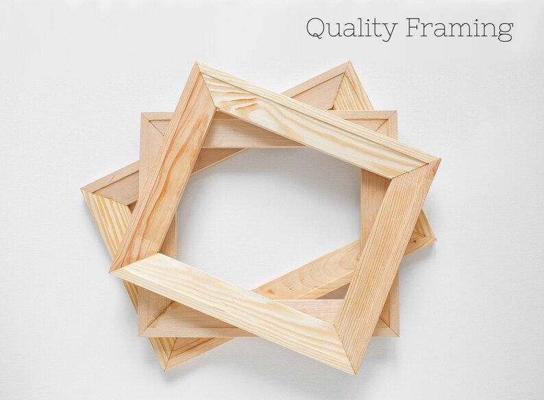 May include: Three unfinished wooden picture frames arranged in a starburst pattern against a white background. The frames are made of light-colored wood and have a simple, clean design. The text "Quality Framing" is at the top.