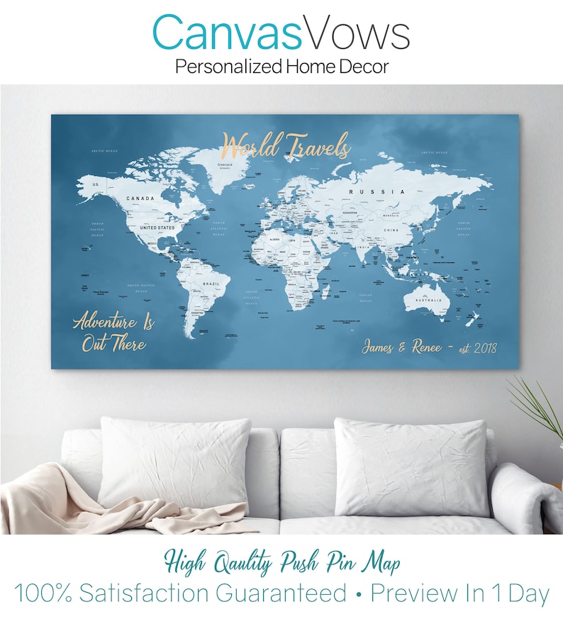 Push Pin World Map, Push Pin Travel Map, World Map Canvas, World Travel Map, Personalized Large World Map image 1