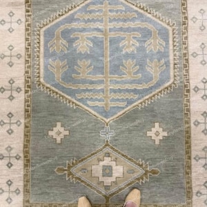 Alfombra de pasillo Oushak anudada a mano para escaleras, 3x30 / Verde salvia azul, color azul, color verde turco.