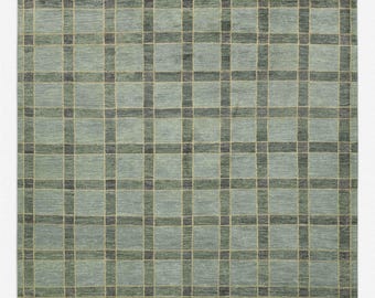 Hand Knotted Wool Rug: Green Blue Plaid Oushak Style (8x10, 10x14)