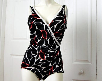 Vintage 80s One Piece Swimsuit | Maxine of California | Black, White and Touch of Red | Leaf Pattern | Cross Over Top |