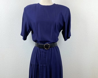 Vintage 80s Dark Blue Pleated Dress | Sz 6 | Made In USA | Rabbit Rabbit Rabbit Design | Back Button | Pleat Skirt | Shoulder Pads | Modest