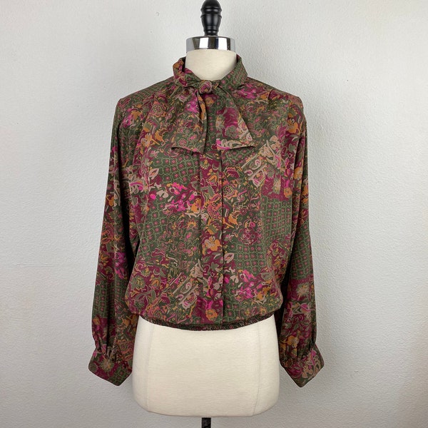 Vintage Alfred Dunner Career Blouse | Size 12 | Elastic Waist | Button Front | Long Sleeves | Bow Tie | Placket Front | Dark Beautiful Color