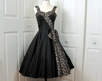 Vintage 1950s Lilli Diamond Cocktail Party Dress | Black Taffeta | Illusion Lace with Rhinestones | Full Skirt | Size Small